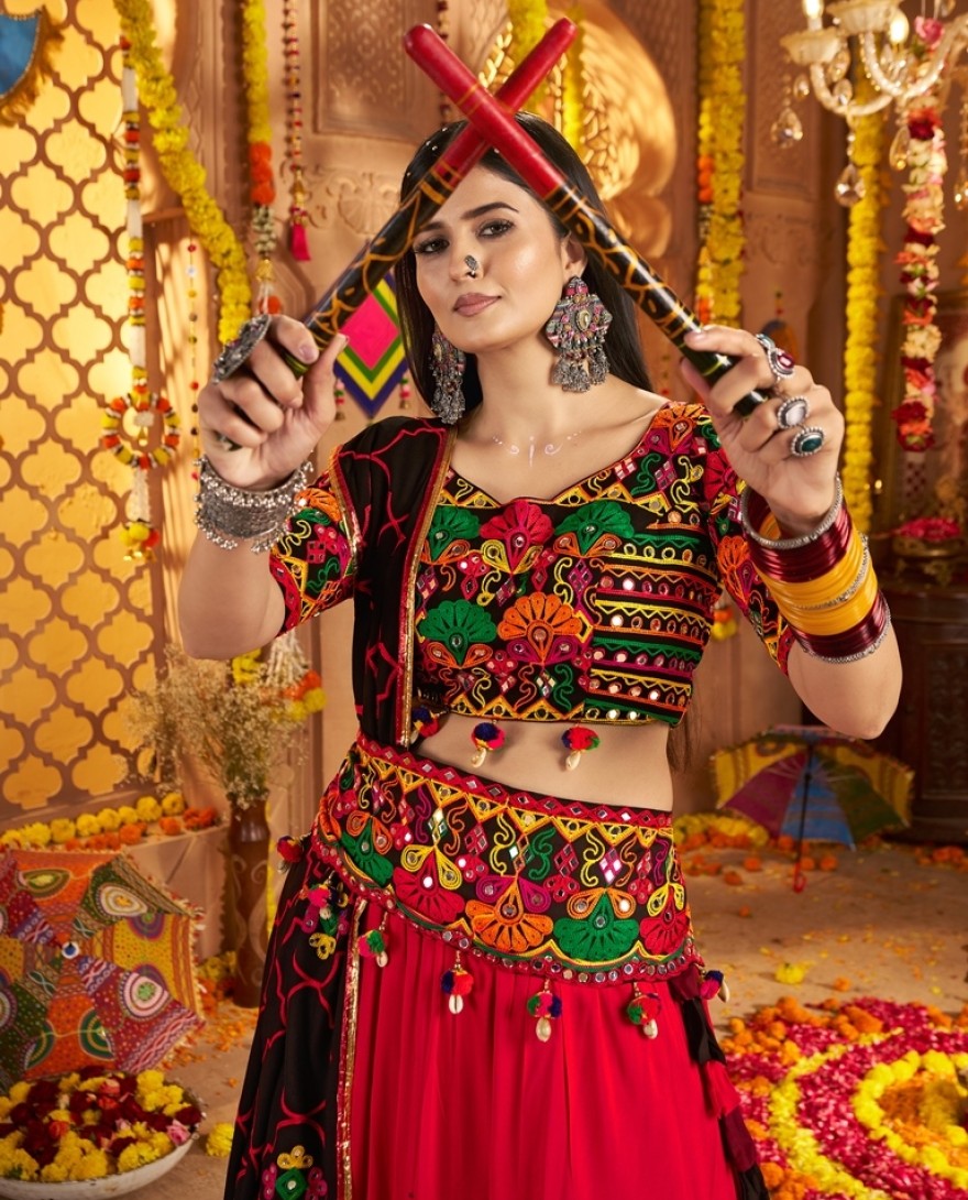 11022 - Delicate Red Mirror Work Navratri Wear Lehenga Choli With Dupatta